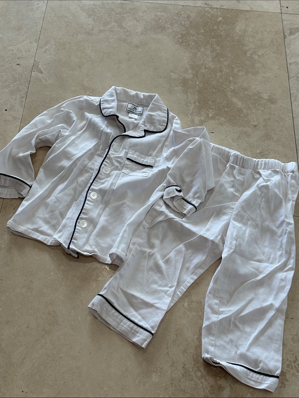 Children's White Pajama Set with Navy Blue Piping